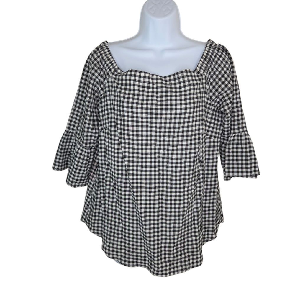 Whbm Black & White Gingham Checkered Off Shoulder Blouse Top Size Small